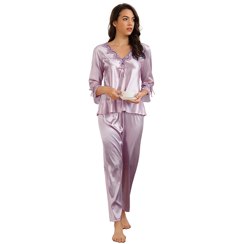 Comeondear-Pijama Wanzi de seda satinada para mujer, ropa de dormir de dos piezas con manga de tres cuartos, R80883 ► Foto 1/6