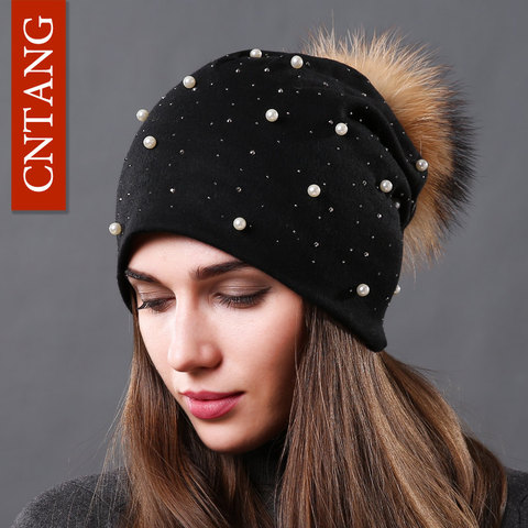 Sombrero de mujer con pompón de piel de mapache Natural, gorro Otoño Invierno, algodón cálido, gorros con diamantes de imitación, varios estilos ► Foto 1/6