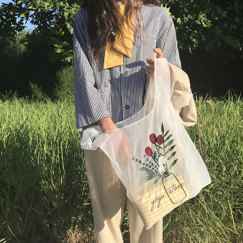 Bolso de mano transparente para mujer, bolsa de playa de tela de hilo de Organza, bordado, ecológico, de alta calidad, para verano ► Foto 1/6