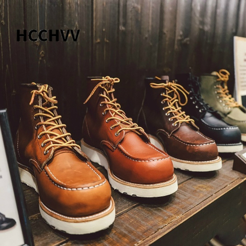 Botas de motorista de piel auténtica y estilo vintage para hombre, masculinas de estilo informal, con ribete, suela de goma, botas de trabajo, zapatos de estilo punk ► Foto 1/5