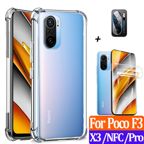 Funda Poco F3 Case Poko X3Pro Carcasa transparente+Película de hidrogel+Cámara TPU suave Airbag trasera antichoque Funda protectora Xiaomi Poco X3 Pro NFC PocoX3 PocoF3 Case Pocophone F3 X-3 Fundas silicona teléfono ► Foto 1/6