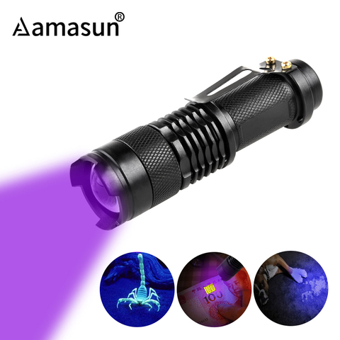 Linterna LED UV 365nm 395nm, luz ultravioleta enfoque con zoom, Mini luz UV negra, Detector de manchas de orina de mascotas, caza de escorpiones ► Foto 1/6