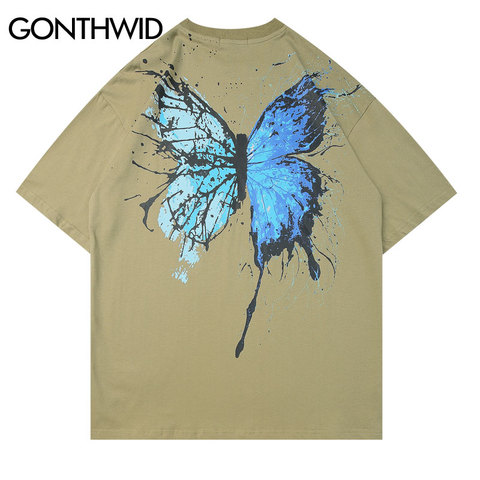 GONTHWID Graffiti tinta estampado de mariposa Streetwear Hip Hop moda pantalón corto Casual de manga larga Camisetas De hombres 2022 Tops de verano ► Foto 1/6