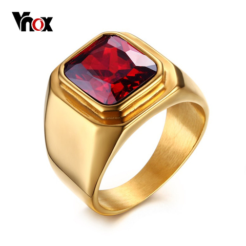 Anillo informal para hombre de vnotre, Circonia cúbica roja, piedra cuadrada de acero inoxidable superior, Color dorado, Alianza masculina diaria, talla de joyería ► Foto 1/6