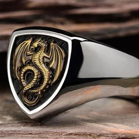 Shield-Anillo de dragón plateado para hombre, diseño de logotipo con forma triangular, accesorios de dedo para fiesta de cóctel, joyería ► Foto 1/4