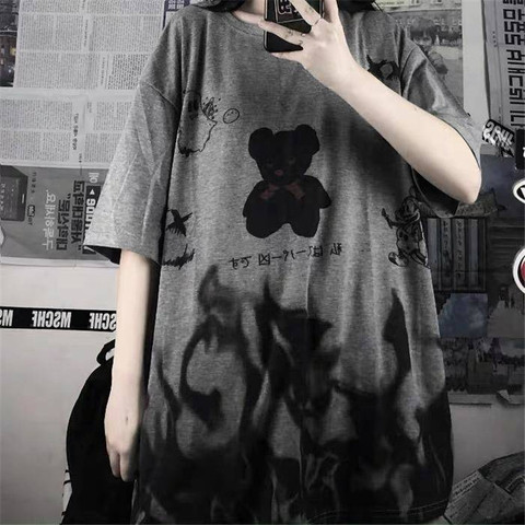 Camiseta gris de Japón para mujer, ropa de calle holgada de verano, camisetas de manga corta Punk Harajuku, camisetas holgadas de Hip Hop para niña ► Foto 1/6