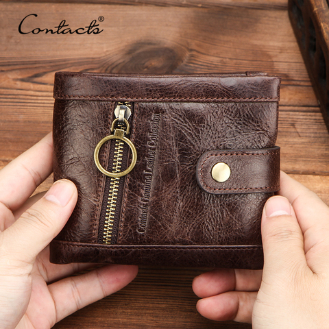 CONTACT'S-cartera de piel auténtica para hombre, monedero pequeño, tarjetero Rfid, diseño de cerrojo, informal, con bolsillo y cremallera ► Foto 1/6