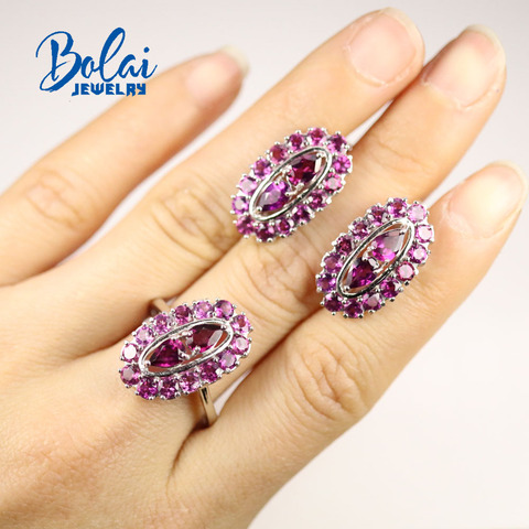 Bolaijewelry, conjunto de anillo y pendientes de rodolita natural de moda de Plata de Ley 925, para aniversario, ropa de fiesta joyería fina ► Foto 1/1