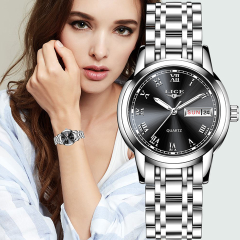 LIGE-Relojes de lujo de moda para mujer, accesorio de lujo de marca superior de acero inoxidable, reloj deportivo de pulsera de cuarzo resistente al agua ► Foto 1/6