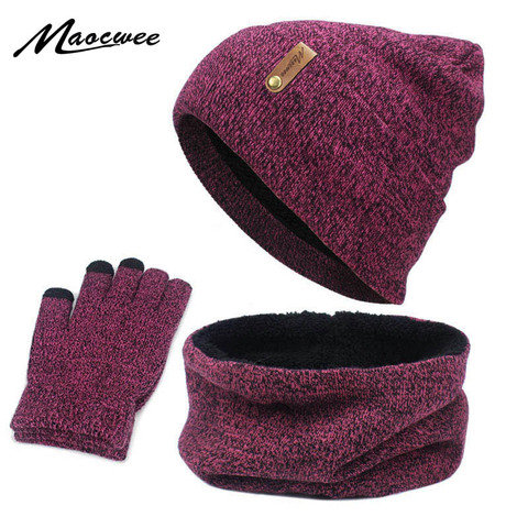 Conjunto de guantes y bufanda tejidos nuevos para mujer, boina cálida de algodón con pantalla táctil para cuello, tres piezas ► Foto 1/6