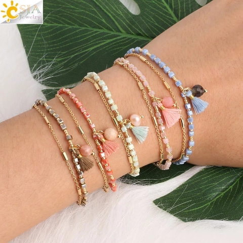 CSJA-brazalete bohemio de dos capas para mujer, pulsera de cuentas, Color dorado, con flecos, elegante, S413 ► Foto 1/6