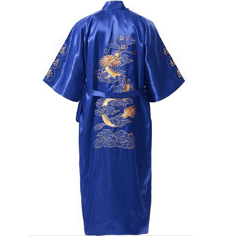 Bata de satén de talla grande XXXL para mujer, Kimono de dragón bordado, azul, chino, sedoso, novedad, bata de baño Yukata, camisón A138 ► Foto 1/5