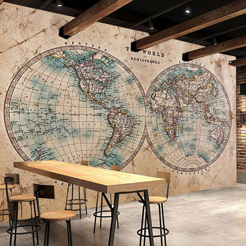 Papel tapiz con foto personalizada, mapa nostálgico del mundo, murales de restaurante, cafetería, estudio, pintura de pared, autoadhesivo 3D, pegatina impermeable ► Foto 1/6