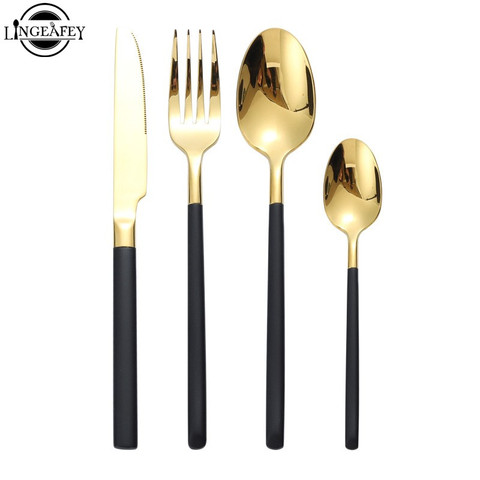 Juego de cubiertos tenedores cuchillos, cucharas 18/10 vajilla de acero inoxidable espejo negro oro plata oro cuchara cuchillo palillo conjunto ► Foto 1/6