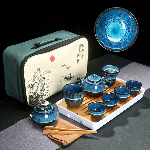 Juego de té chino ámbar azul esmalte de cerámica Jingdezhen temmoku esmalte exquisito conjunto Kung Fu taza de té portátil tazas de té Gaiwan ► Foto 1/6