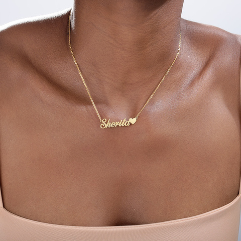 Collar personalizado con nombre para niños, joyería de acero inoxidable, corazón de oro rosa con collar con colgante con letra, placa con nombre ► Foto 1/6