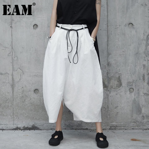 EAM-pantalones de pierna ancha para mujer, pantalón blanco, holgado, con cordón de cintura alta, a la moda, JR505, para primavera y otoño, 2022 ► Foto 1/6