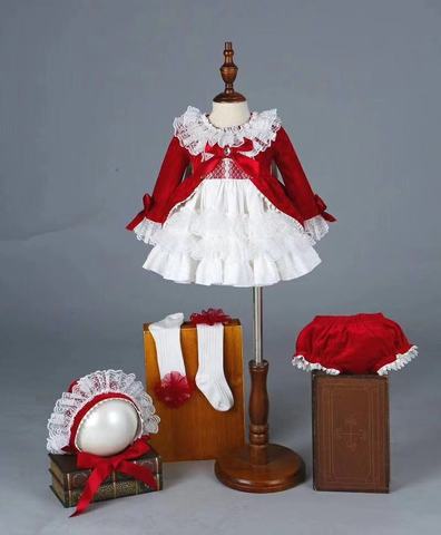 4 Uds. De vestido de fiesta para niña, Otoño Invierno, primavera, terciopelo rojo, Vintage, princesa española, Lolita, Bola de Pompón, navidad, cumpleaños, boda ► Foto 1/6