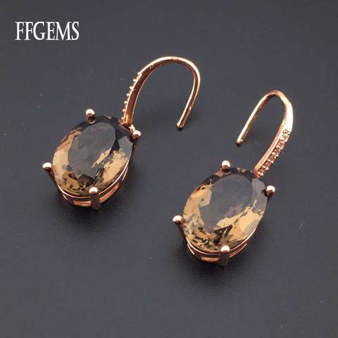 FFGems-pendientes de gota de Plata de Ley 925 con cuarzo ahumado, joyería fina con piedra grande gris, para mujeres ► Foto 1/6