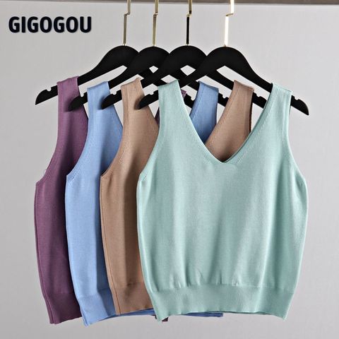 GIGOGOU Sexy V cuello Top corto de punto camisa de las mujeres de talla grande tanque Top ropa interior prendas de calle mujer Casual ropa para mujeres tanque ► Foto 1/6