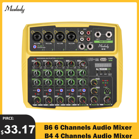 Muslady-mezclador de Audio B6 portátil de 6 canales, consola de mezcla USB, compatible con conexión BT con tarjeta de sonido integrada, potencia fantasma de 48V ► Foto 1/6