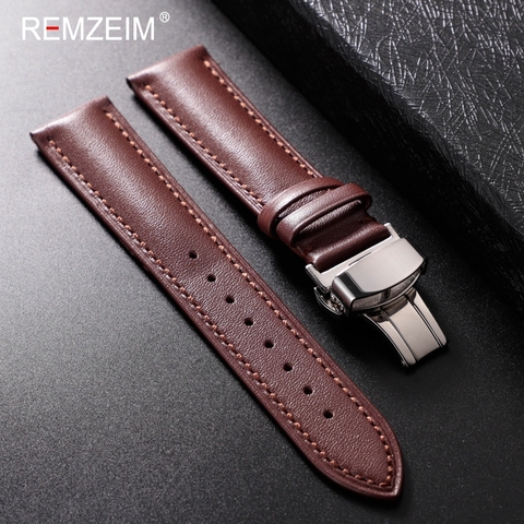 REMZEIM-correa de Reloj de piel auténtica para hombre y mujer, banda de repuesto para reloj de 18mm, 20mm, 22mm y 24mm con hebilla de mariposa automática ► Foto 1/6