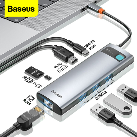 Baseus-adaptador compatible con HDMI, lector de tarjetas RJ45, USB 3,0, PD, 100W, estación de acoplamiento para Macbook Pro tipo C, Surface, iPad ► Foto 1/6