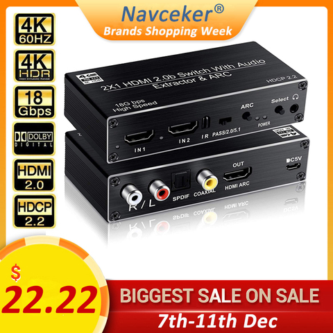 Navceker 2x1 HDMI 2,0 interruptor de 4K 60Hz HDMI soporte interruptor 3D Arco y óptico Toslink HDR conmutador interruptor HDMI 2,0 para PS3 PS4 Pro ► Foto 1/6