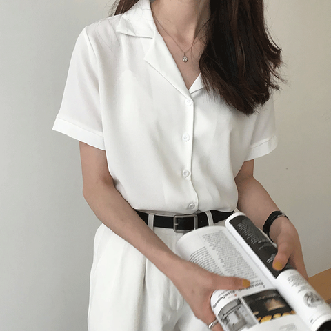 Blusa informal de manga corta para verano, camisa blanca con cuello de pico para mujer, estilo coreano japonés #35, 2022 ► Foto 1/6