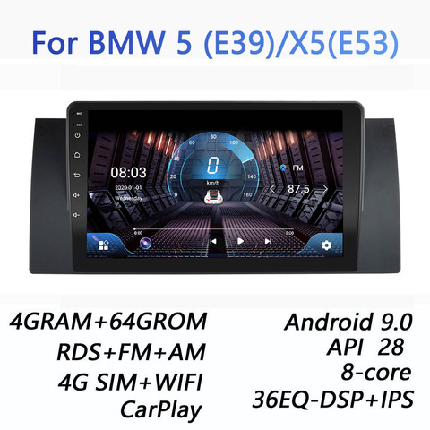 Reproductor multimedia con Android y Bluetooth para coche BMW, autorradio de 2 din, 4G RAM + 64G ROM, sistema operativo 9.0 4G, FM, AM, canbus y carplay para BMW E39, E53, X5, M5, DSP ► Foto 1/6