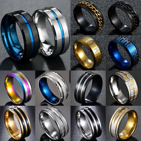 Anillo de acero inoxidable con borde de escalera cepillado negro para hombre, 8MM, ranura azul, regalos del anillo de boda ► Foto 1/6