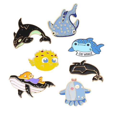 Broche de Animal de dibujos animados para niños, mundo subacuático tiburón, ballena, pez globo, alfileres, sombrero, mochila distintiva, solapa esmaltada, regalos ► Foto 1/6