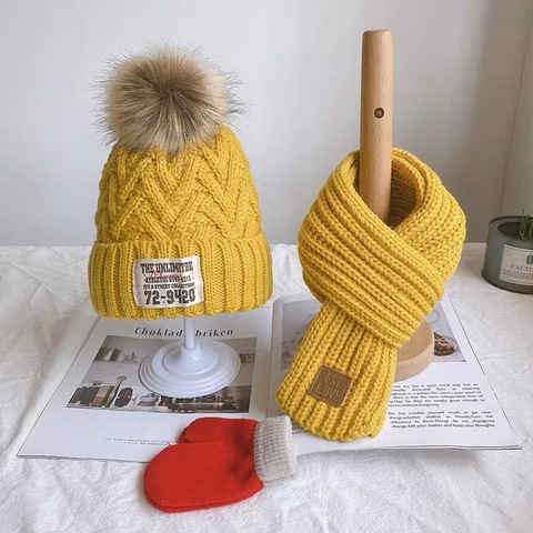 Gorro de lana de tres piezas para niños y niñas, bufanda cálida, guantes, combinación de Jersey de bebé, gorro de punto ► Foto 1/6