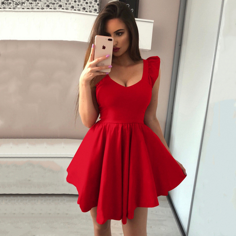 BornToGirl-vestido de algodón sin mangas para mujer, vestido Sexy negro y rojo con volantes, cuello de pico, 2022 ► Foto 1/5