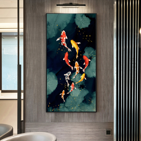 Arte confiable Koi Fish Feng Shui, imágenes de estanque de carpa de loto, lienzo, arte de pared para sala de estar, decoración moderna del hogar sin marco ► Foto 1/6