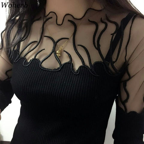 Woherb-suéter negro de Cuello medio alto para mujer, jerséis de manga larga, retales de encaje transparente, Tops de punto ajustados, moda coreana 90961 ► Foto 1/6