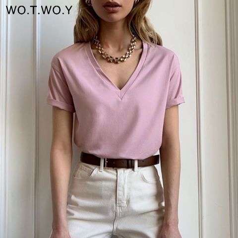 WOTWOY-Camiseta de punto con cuello en V para mujer, Camiseta básica lisa de algodón para mujer, camisetas de manga corta, ropa Harajuku para mujer ► Foto 1/6