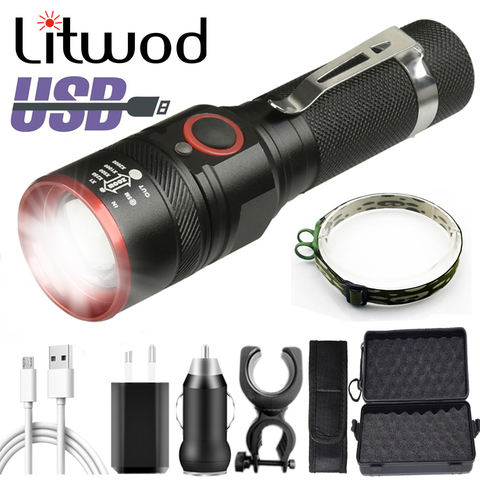 Linterna Led XM-L T6 USB recargable 18650 batería antorcha 3000lm aluminio impermeable 3 modos linterna para ciclismo Camping Litwod ► Foto 1/6