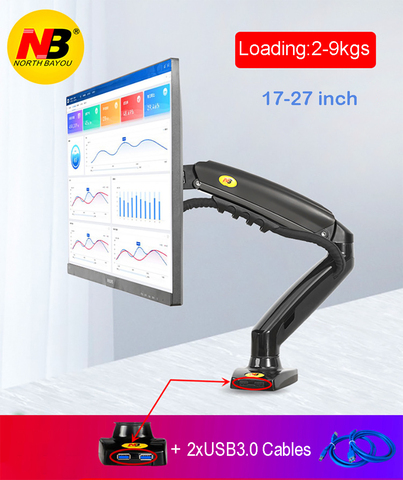 Soporte para monitor LCD LED con 2 puertos USB, brazo de apoyo para escritorio con pantalla de movimiento completo, carga de 2-9 kg, resorte de gas de 17-27