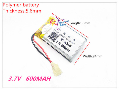 Envío libre 562438 3.7 V 600 mAh batería recargable del Lipo del polímero del litio Ion células Mp3 Mp4 ► Foto 1/1