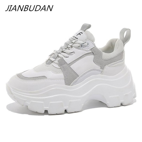 JIANBUDAN-Zapatillas deportivas gruesas para mujer, zapatos transpirables de tiempo libre, blancos, negros, para primavera y otoño ► Foto 1/6