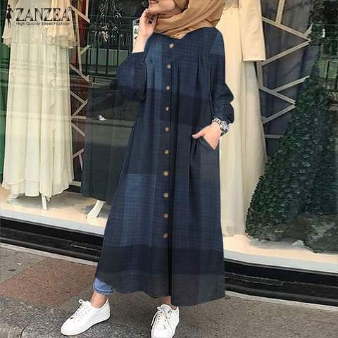 ZANZEA-Vestido largo holgado de manga larga a cuadros para otoño, caftán musulmán para mujer, holgado ► Foto 1/5