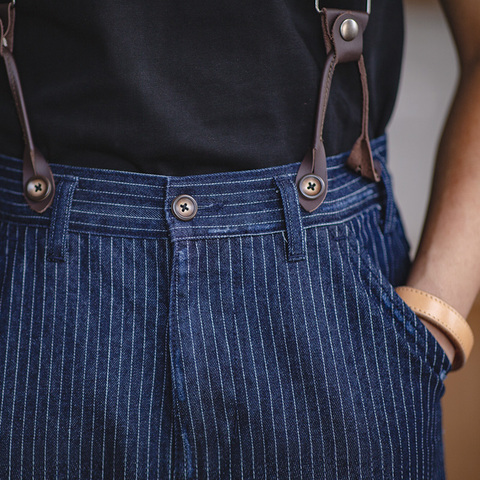 Maden-Pantalones a rayas azules para hombre, pantalón informal Retro, con dobladillo a cuadros escoceses, pantalón de trabajo vaquero de Corte recto Regular con tirantes desmontables ► Foto 1/6