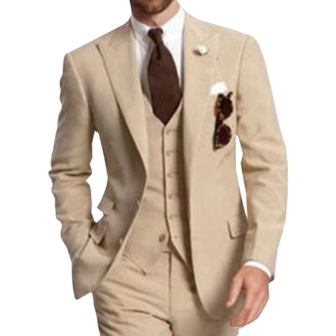 Beige de tres piezas de los mejores trajes de los hombres de la fiesta de negocios solapa de pico dos botones de encargo de la boda novio esmoquin 2022 chaqueta pantalones chaleco ► Foto 1/6