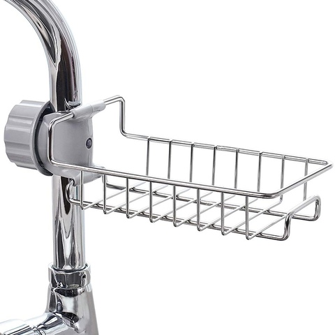 Fregadero de cocina de acero inoxidable, soporte para jabón y esponja Caddy, escurridor montado en grifo, escurridor de almacenamiento para cocina y baño ► Foto 1/6