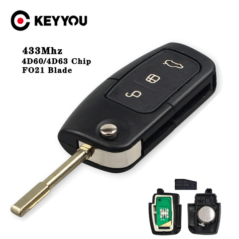 KEYYOU-llave de control remoto para coche, 3 botones, 433MHZ, 4D60, Chip para Ford Fusion Focus Mondeo Fiesta Galaxy, llave abatible automática de hoja FO21 ► Foto 1/5