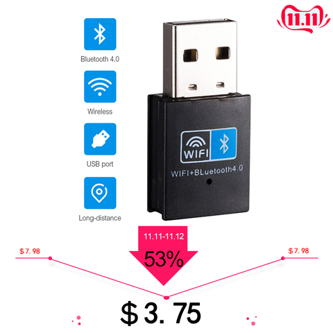 Adaptador WiFi inalámbrico USB Bluetooth 4,0, 150Mbps, 2,4 Ghz, Mini antena WiFi, ordenador, tarjeta de red WI-FI, receptor 802.11b/n/g ► Foto 1/6