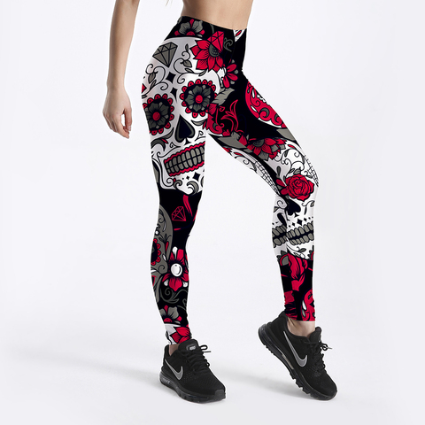 Venta caliente cráneo polainas de las mujeres del cráneo y flor negro mallas con impresiones digitales Pantalones 7 calavera de color Mujer Pantalones de talla grande ► Foto 1/6