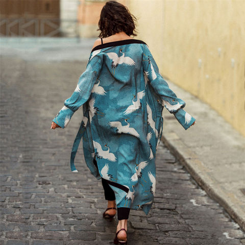 Kimono de playa para mujer, impreso bohemio, vestido playero, Túnica de algodón azul, Túnica de verano, Q1029 ► Foto 1/6