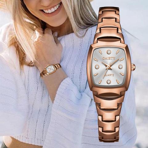 Relojes de oro rosa para mujer, pulsera fina de acero inoxidable, vestido, reloj para mujer, reloj para niña ► Foto 1/6